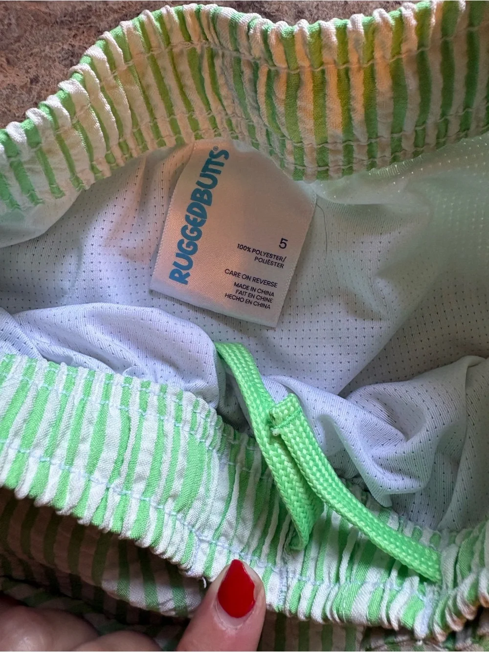 Ruffle Butts Green and White Seersucker Swim Trunks